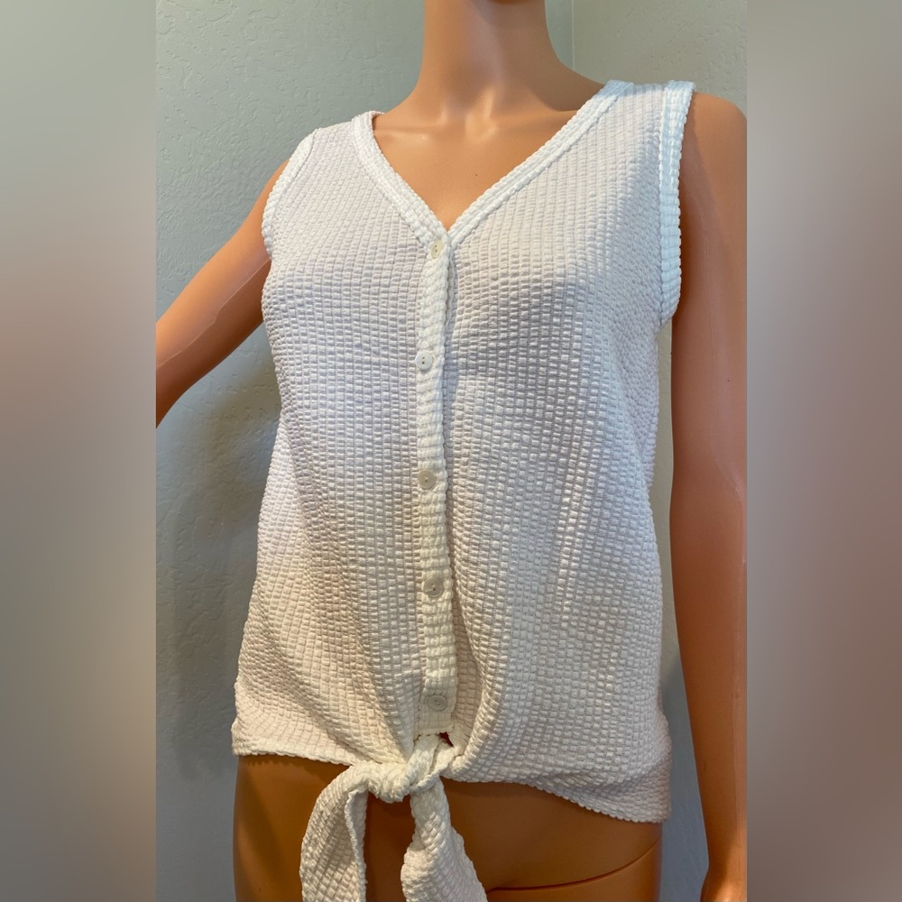 White Blouse Textured Gauze Button Down Tank Top Extra Small Green Envelope